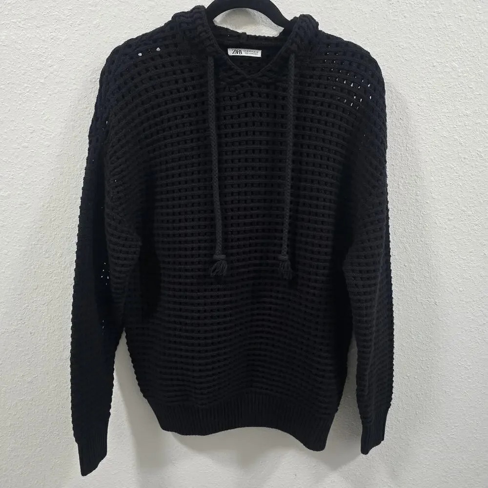ZARA Mens Black Knit Hoodie Sweater Waffle Open Weave Cotton Pullover Size M